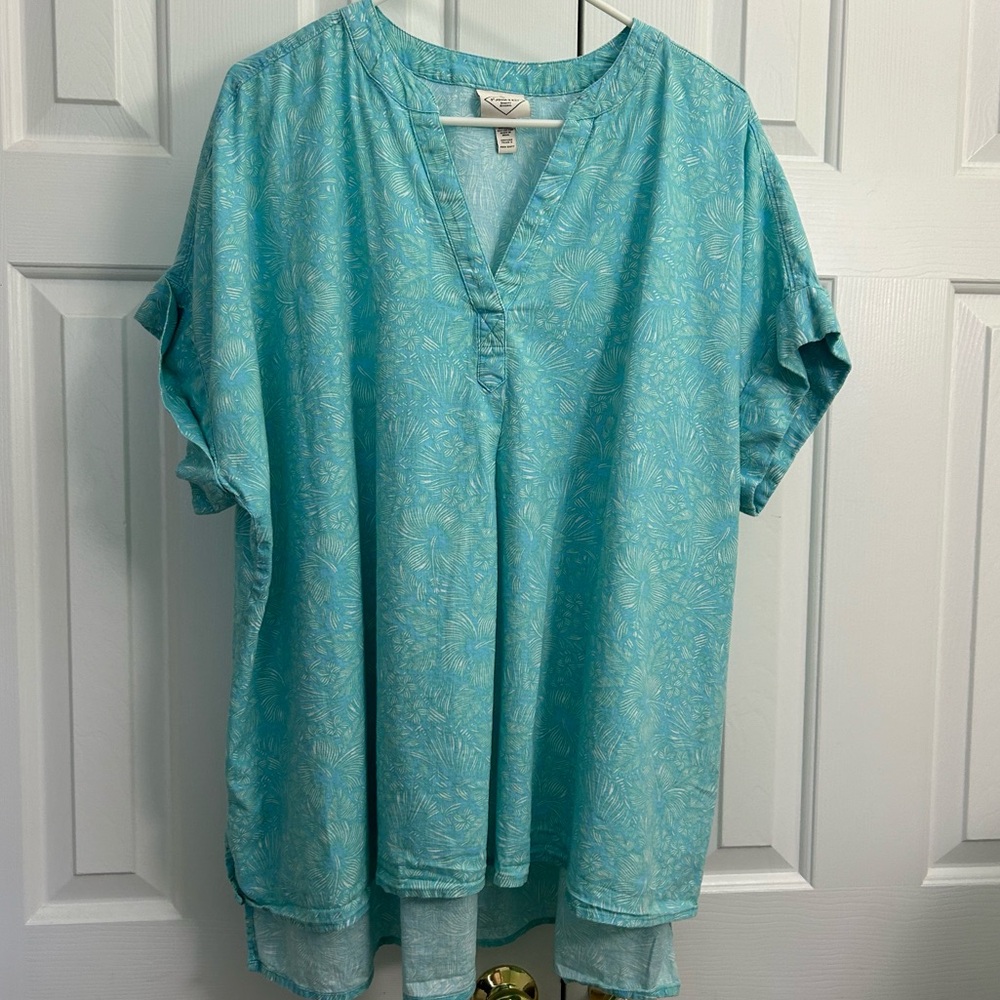 St John’s Bay Linen & Cotton Aqua Blue Hawaiian Hibiscus High Low S/Sleeve Sz 2X